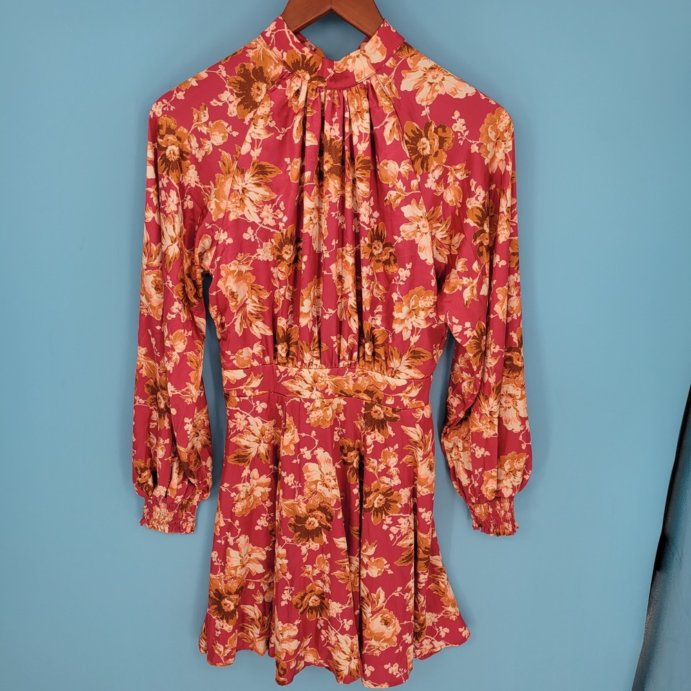 Flying Tomato Luxe Legacy Burgundy Orange Floral Mock Neck Mini Dress satin Sz S